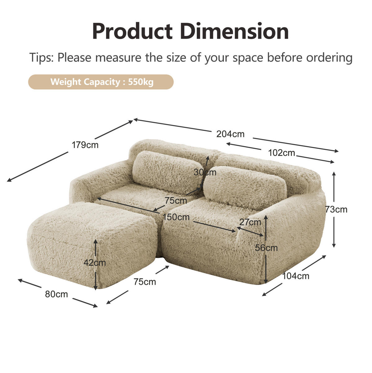 ECKSOFA in L-Form modular mit Ottoman, Premium-Plüschstoff und ohne Montage, Hellkhaki - Beige, Textil (204/179cm) - Redom