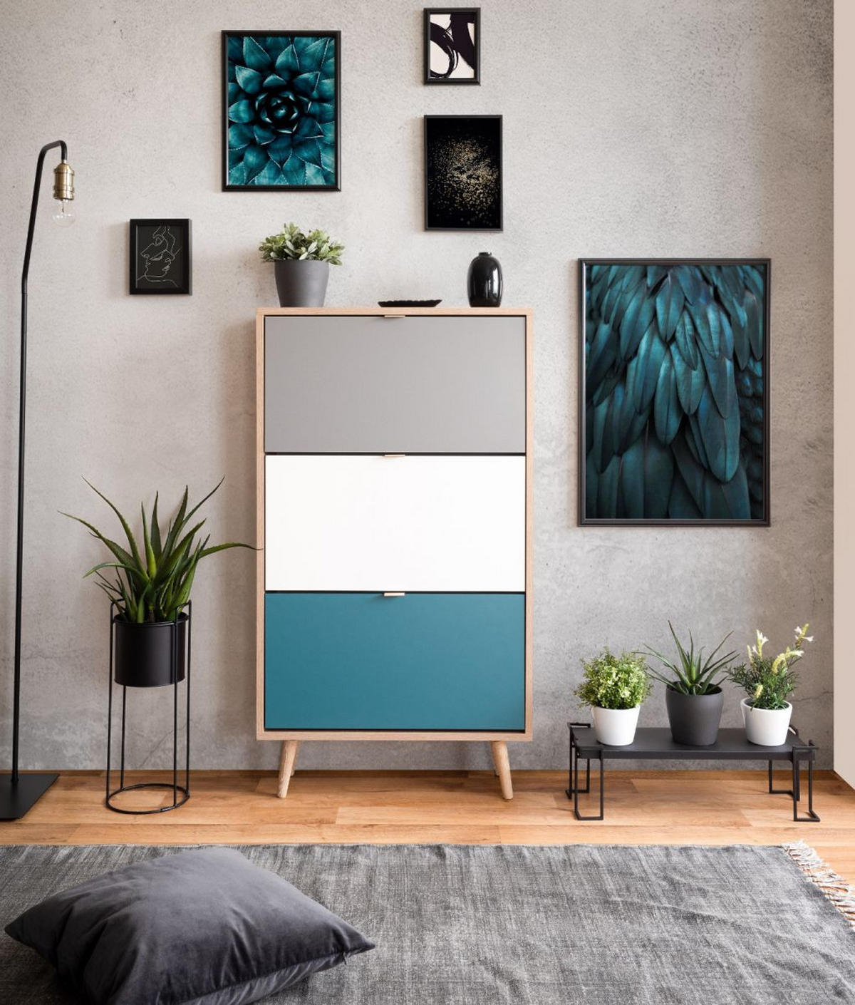 SCHUHKIPPER Eiche Sonoma, Petrol, weiß und grau, Schuhschrank Tricolor skandinavisch - Eichefarben/Petrol, Holz/Holzwerkstoff (70/125/24cm) - Furn.Design