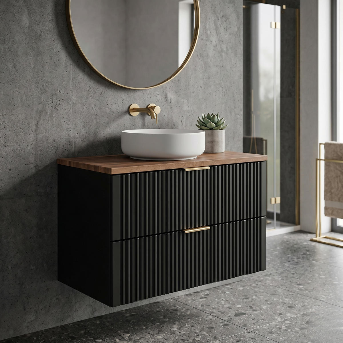 WASCHBECKENUNTERSCHRANK ADEN SET2 Profilierte Fronten Schwarz - Goldfarben/Schwarz, Glas/Holzwerkstoff (80/60/46cm) - Komodee