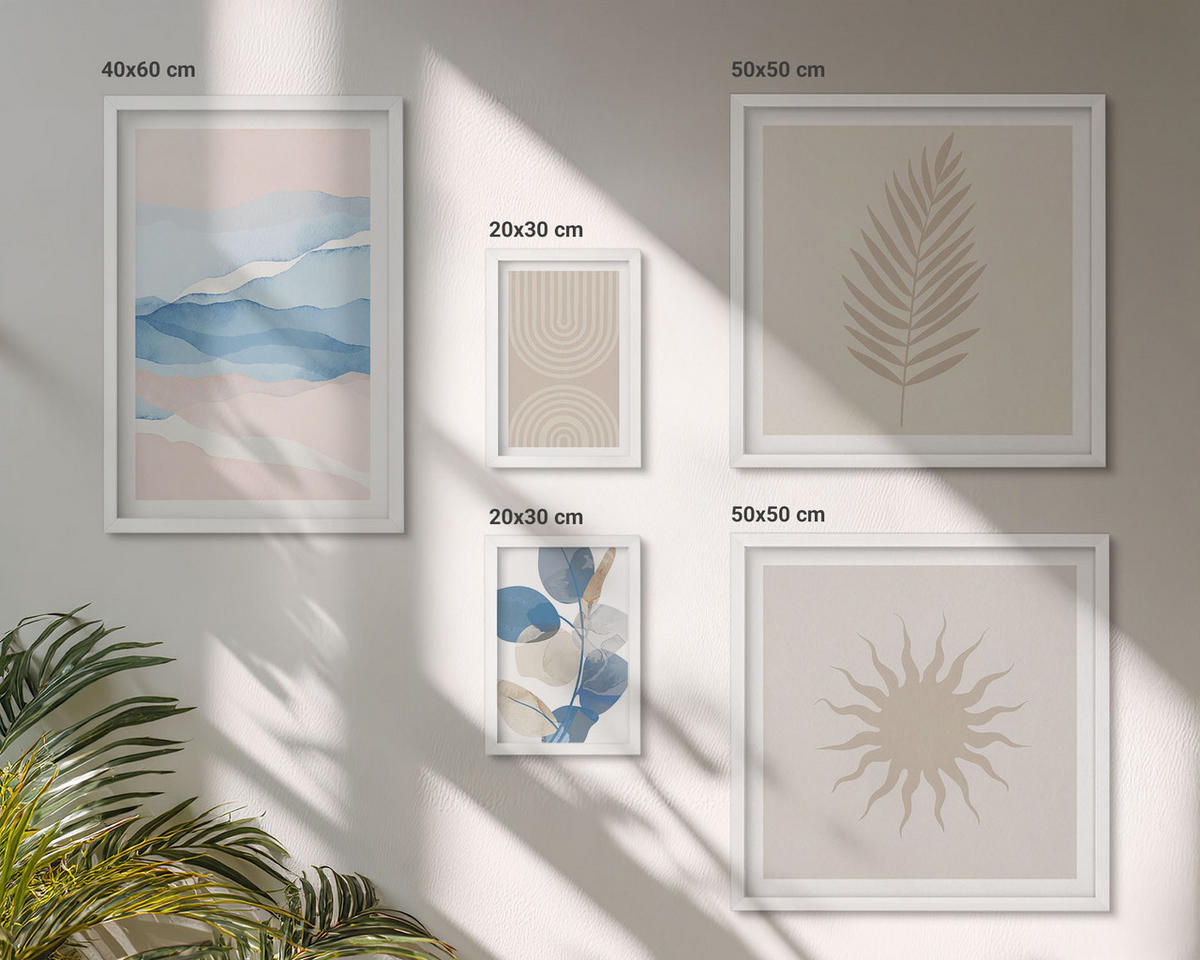 WANDBILDER 5er-Set - 50x50 cm & 20x30 cm & 40x60 cm Weißer Rahmen - Abstrakte Linien der Sonnenwellen - Weiß, Kunststoff (40/60cm) - ArtPrintCave