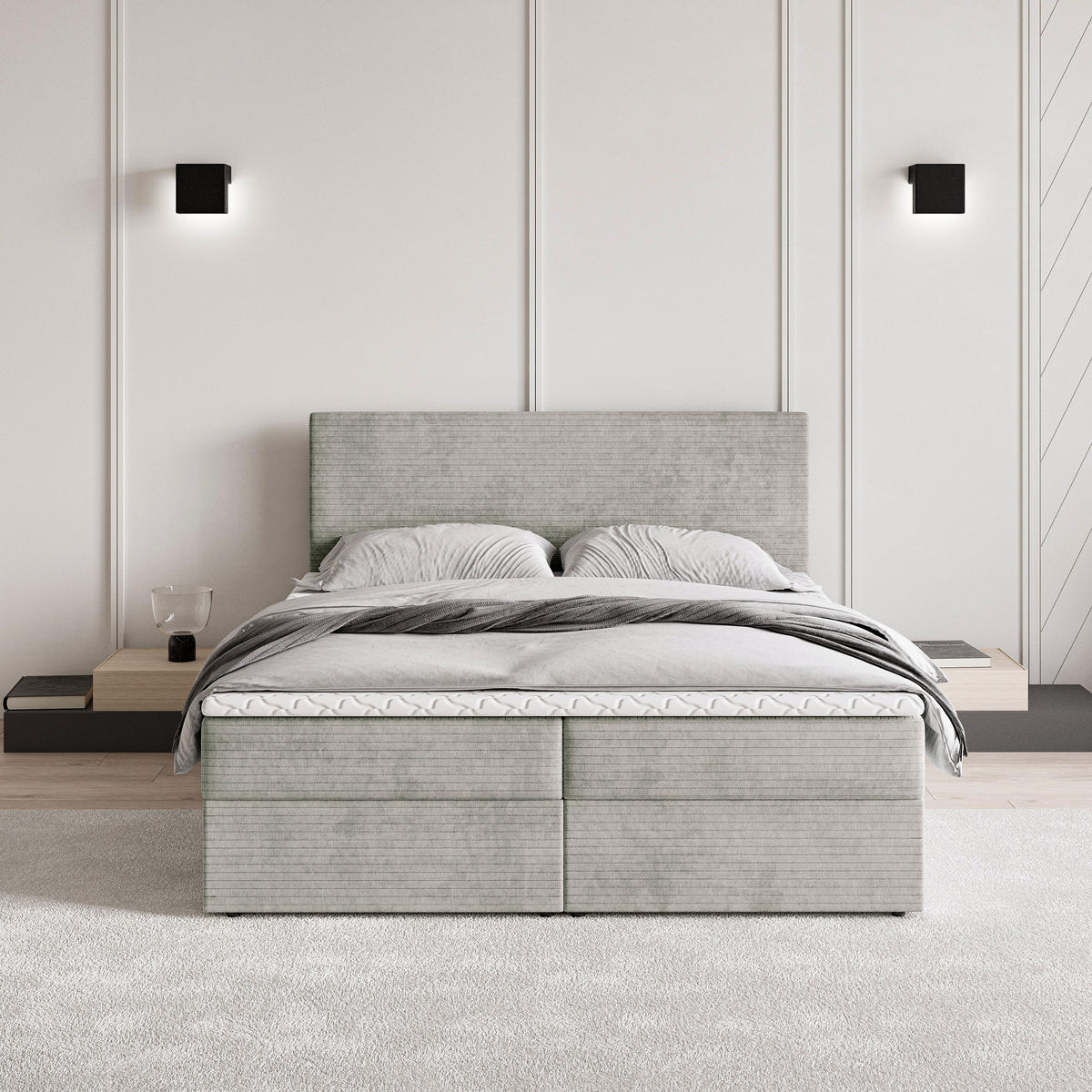 BOXBETT NIRA 140x200 cm mit Matratze und Topper - Hellgrau - Hellgrau, Holz (140/200cm) - MASSENO