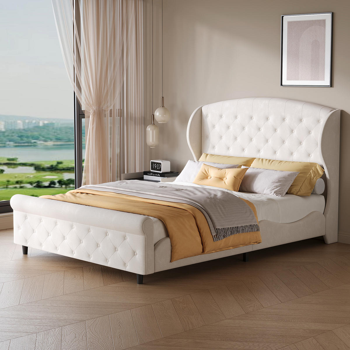 POLSTERBETT 140x200 cm Samt Beige, Doppelbett mit gepolstertem Kopfteil, Lattenrost - Beige, Metall (140/200cm) - EuroLiving