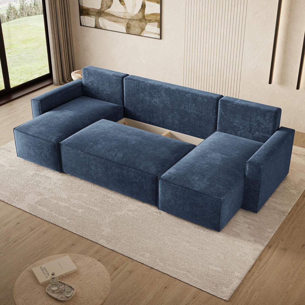 WOHNLANDSCHAFT ASPRA LM Blau Chenille mit Schlaffunktion - Blau, Holz (295/85/140cm) - MASSENO