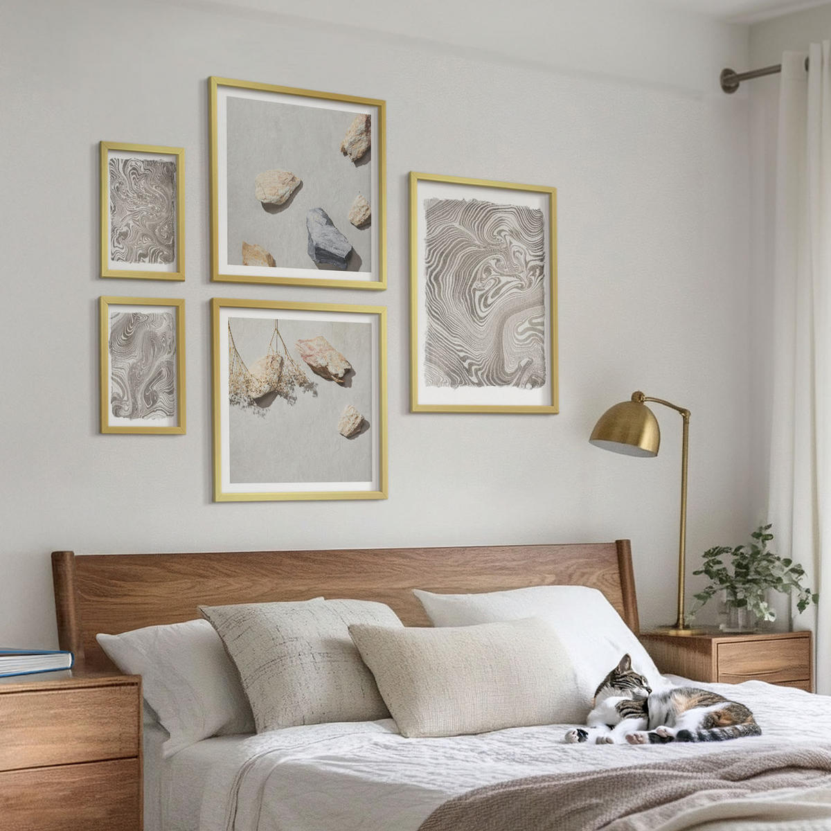 WANDBILDER 5er Set - 50x50 cm & 20x30 cm & 40x60 cm Goldrahmen - Moderne abstrakte Formen - Goldfarben, Kunststoff (40/60cm) - ArtPrintCave