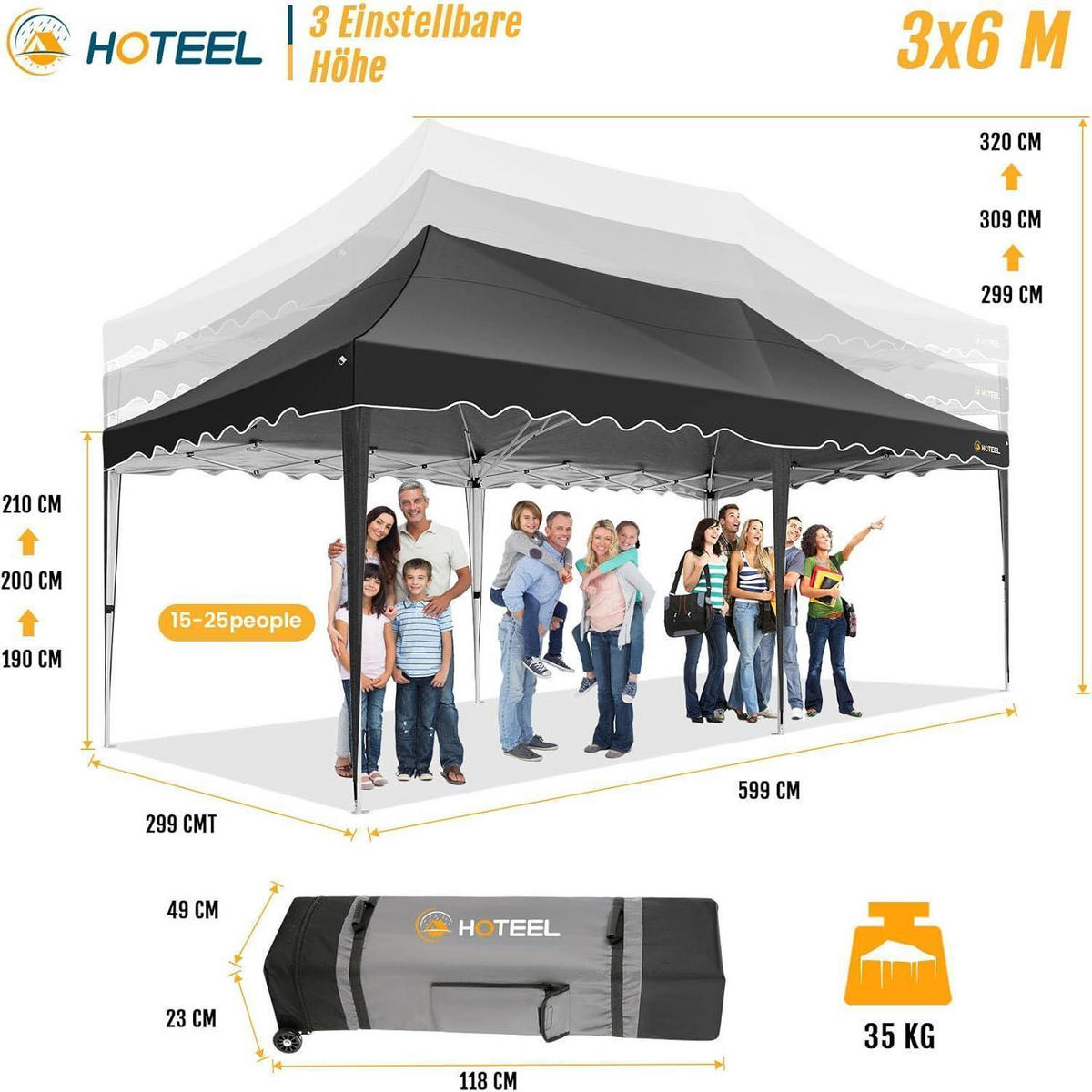 FALTPAVILLON 3x6m Schwarz mit 6 Seitenwänden und UV-Schutz 50+ - Schwarz, Textil (299/320/599cm)