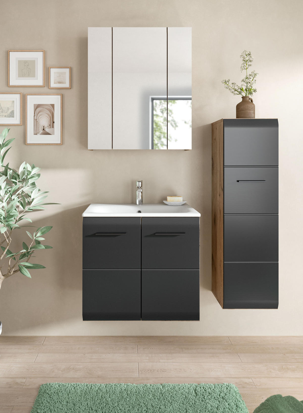 BADMÖBEL-SET 3-teilig Schwarz matt und Eiche, Badezimmer Komplett-Set mit Waschbecken, 105 x 185 cm - Eichefarben/Schwarz, Glas/Keramik (105/185/46cm) - Inn.Furn