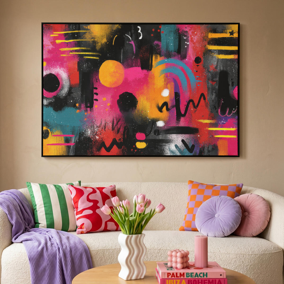 LEINWAND Bilder mit Rahmen - Farbflächen - Formen - Bunt - Abstrakt - 140x90 - Pink, Textil (140/90cm) - MuchoWow