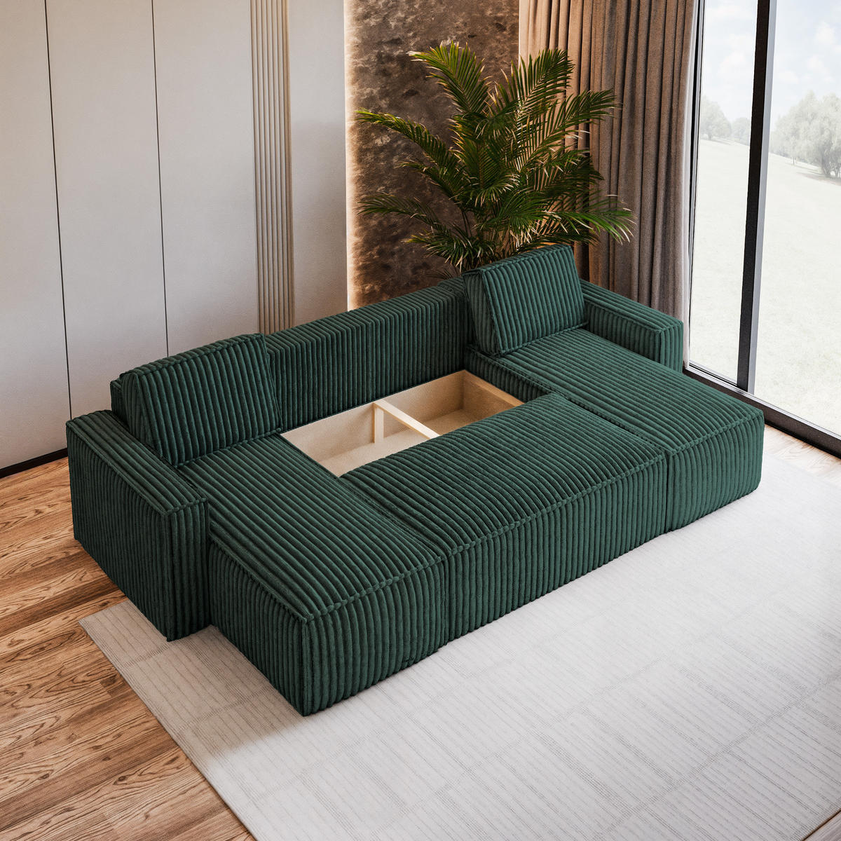 WOHNLANDSCHAFT PESANO T Grün Kordstoff mit Schlaffunktion - Grün, Holz (306/85/140cm) - MASSENO