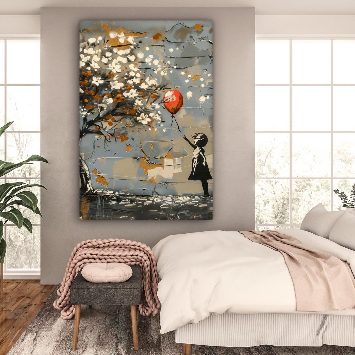 SLIKA NA PLATNU Drevo 90x140 cm - modrosiva, tekstil (90/140cm) - MuchoWow