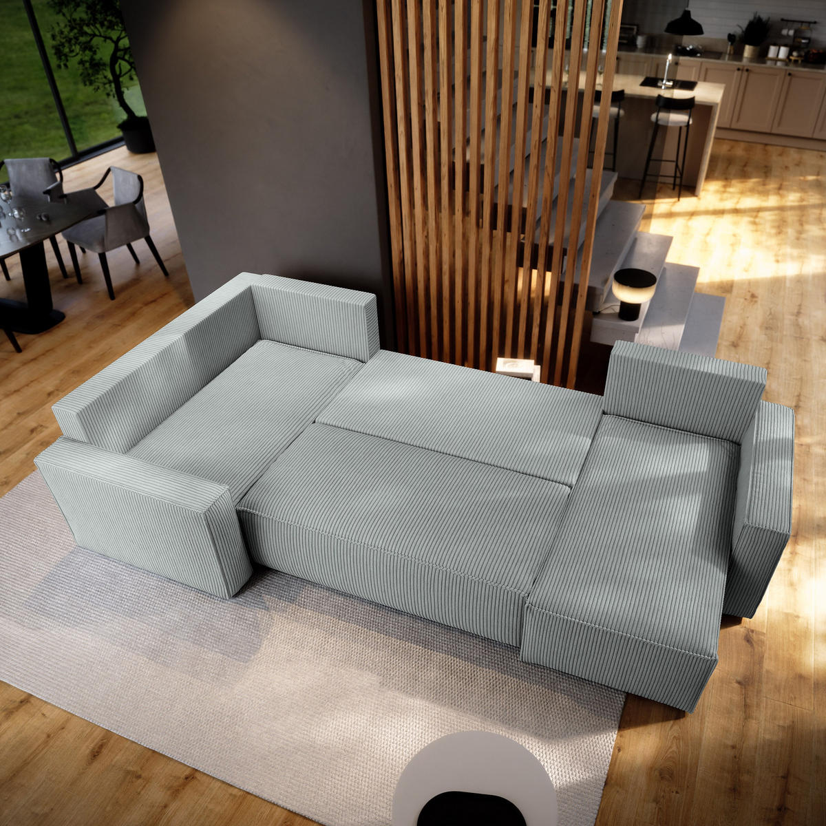 WOHNLANDSCHAFT NORENA L-S Hellgrau Kordstoff mit Schlaffunktion - Hellgrau, Holz (295/85/157.5cm) - MASSENO