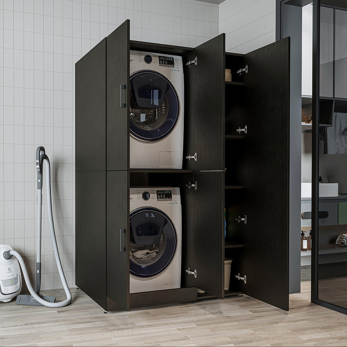 WASCHMASCHINENSCHRANK DORA-II 115cm Breit, 186cm Hoch - Schwarz, Holzwerkstoff (115/186/73.8cm)