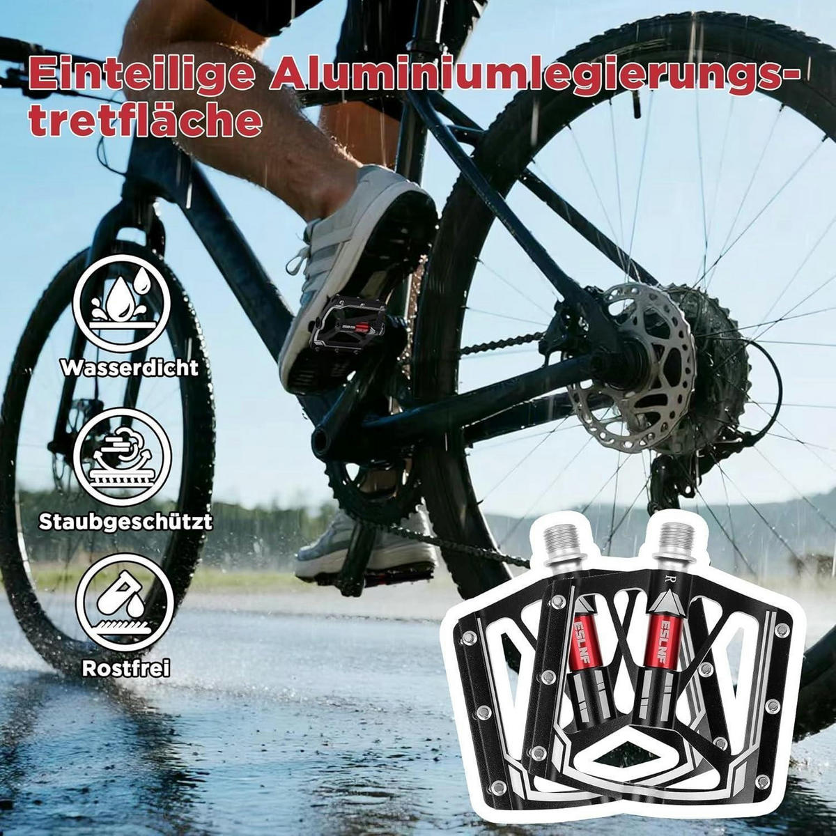 FAHRRADPEDALE 2-teiliges Set Flat Pedale MTB Leicht CNC Aluminium 9/16 Zoll Schwarz-Rot - Schwarz, Metall (10/1.5/10cm)