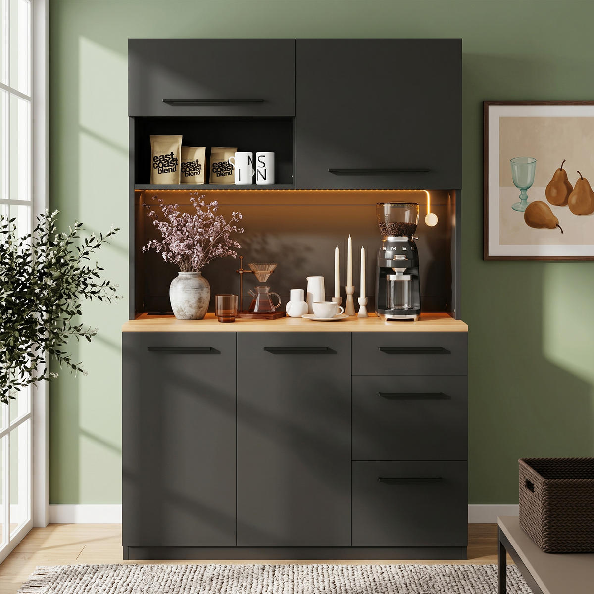 BUFFETSCHRANK 120x40x180cm LED Steckdose USB Schwarz - Schwarz, Holzwerkstoff (120/180/40cm) - FLIEKS