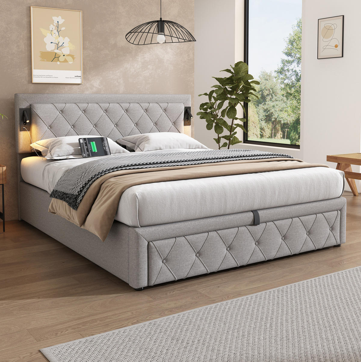 POLSTERBETT 160/200 cm mit Downlights, USB und hydraulischem Stauraum, Leinen, Grau - Grau, Textil (160/200cm) - Redom