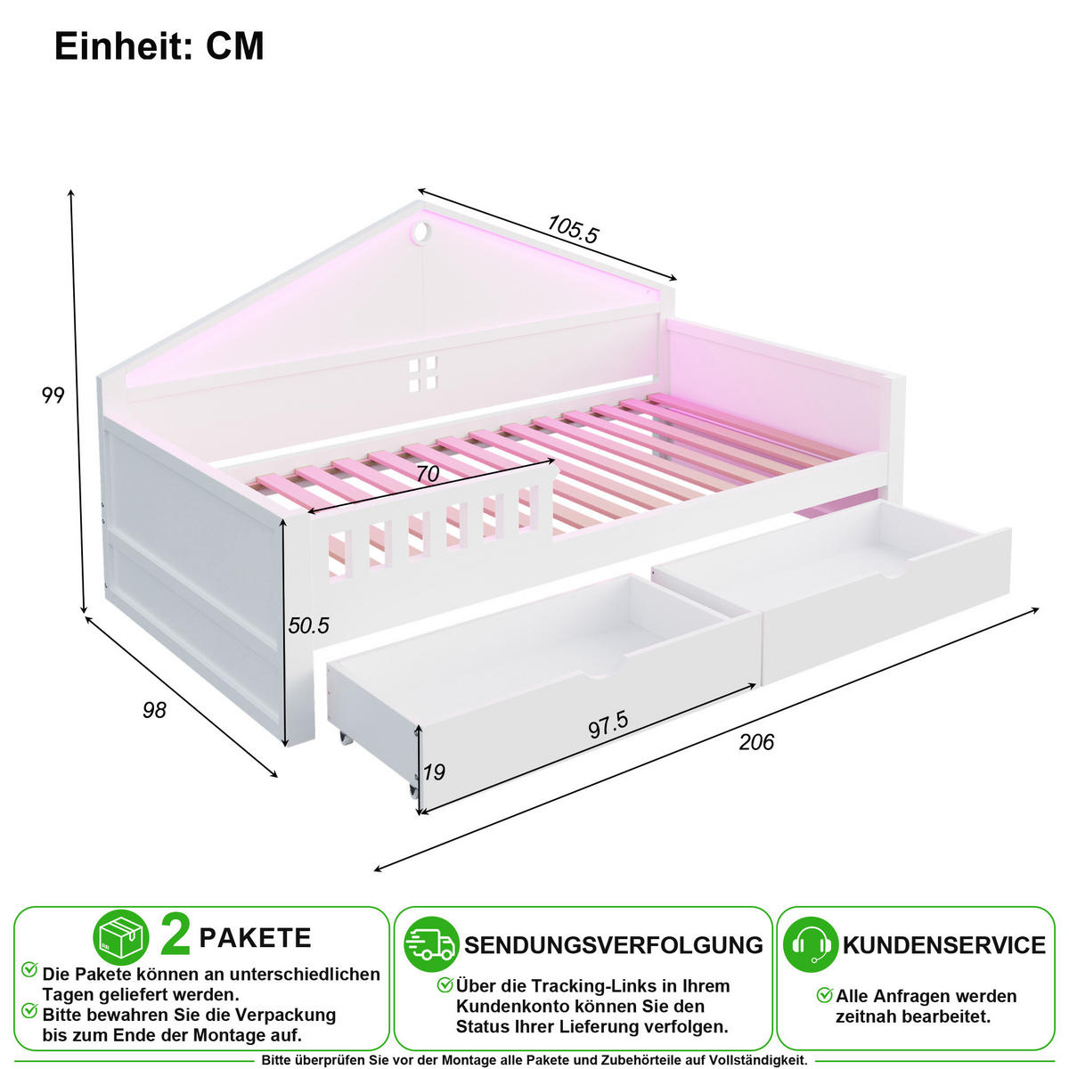 KINDERBETT 90/200 cm in Weiß mit 2 Schubladen und LED - Weiß, Holz/Holzwerkstoff (90/200cm) - CHICFURN