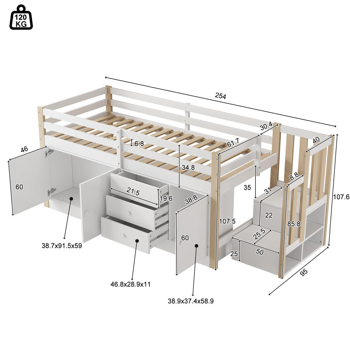 KINDERHOCHBETT 90/200 cm mit Treppe, Schubladen, 2 Schränken und Kleiderstange aus MDF, Weiß - Weiß, Holzwerkstoff (90/200cm) - Redom