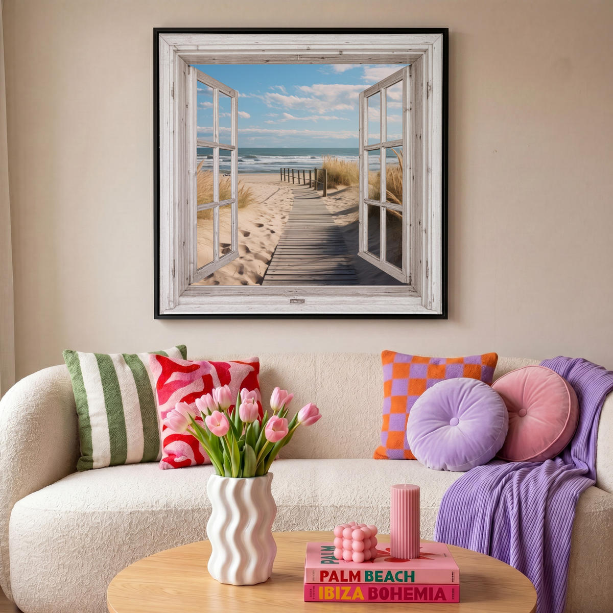 LEINWAND Bilder mit Rahmen - Fenster - Meer - Küste - Natur - Ausblick - Strand - Wattenmeer - 90x90 - Beige, Textil (90/90cm) - MuchoWow