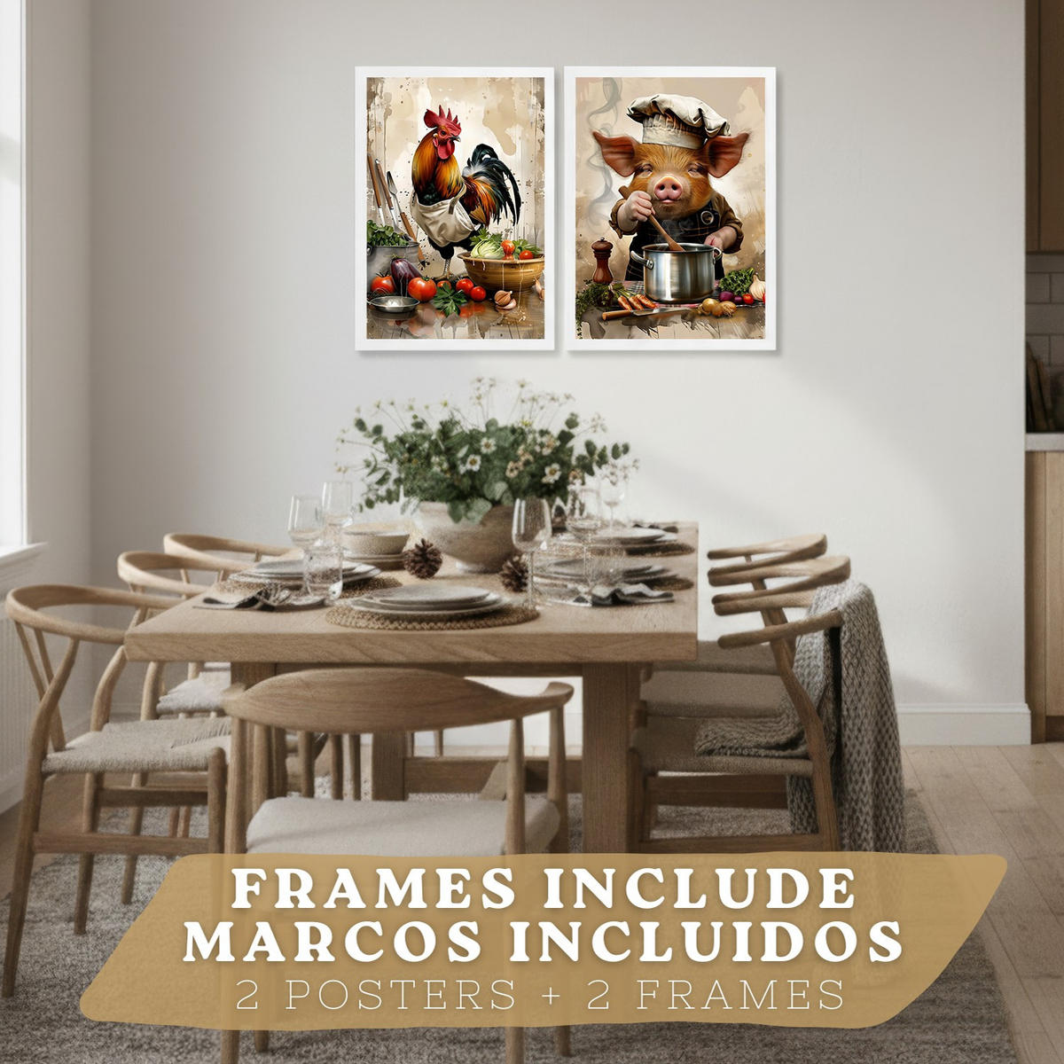 PLAKAT Sada 2 Animal Chef A4 Bílý rám - bílá, papír (29.7/1/21cm) - Nacnic