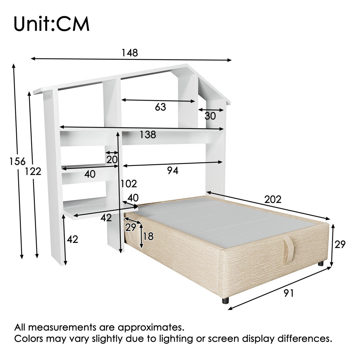 POLSTERBETT 90/200 cm Naturfarbe mit Bücherregal und USB-C - Naturfarben, Textil (90/200cm) - OKWISH