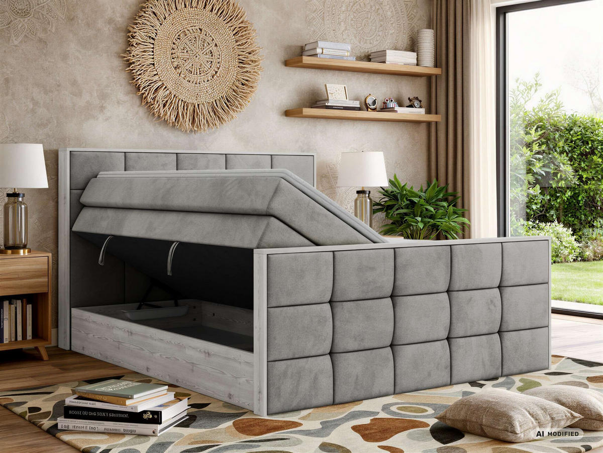 BOXSPRINGBETT ALNOR KING DUO 200/200 - Hellgrau Velvet - Topper T25 - H3 - Hellgrau/Schwarz, Kunststoff/Textil (200/200cm) - MKS