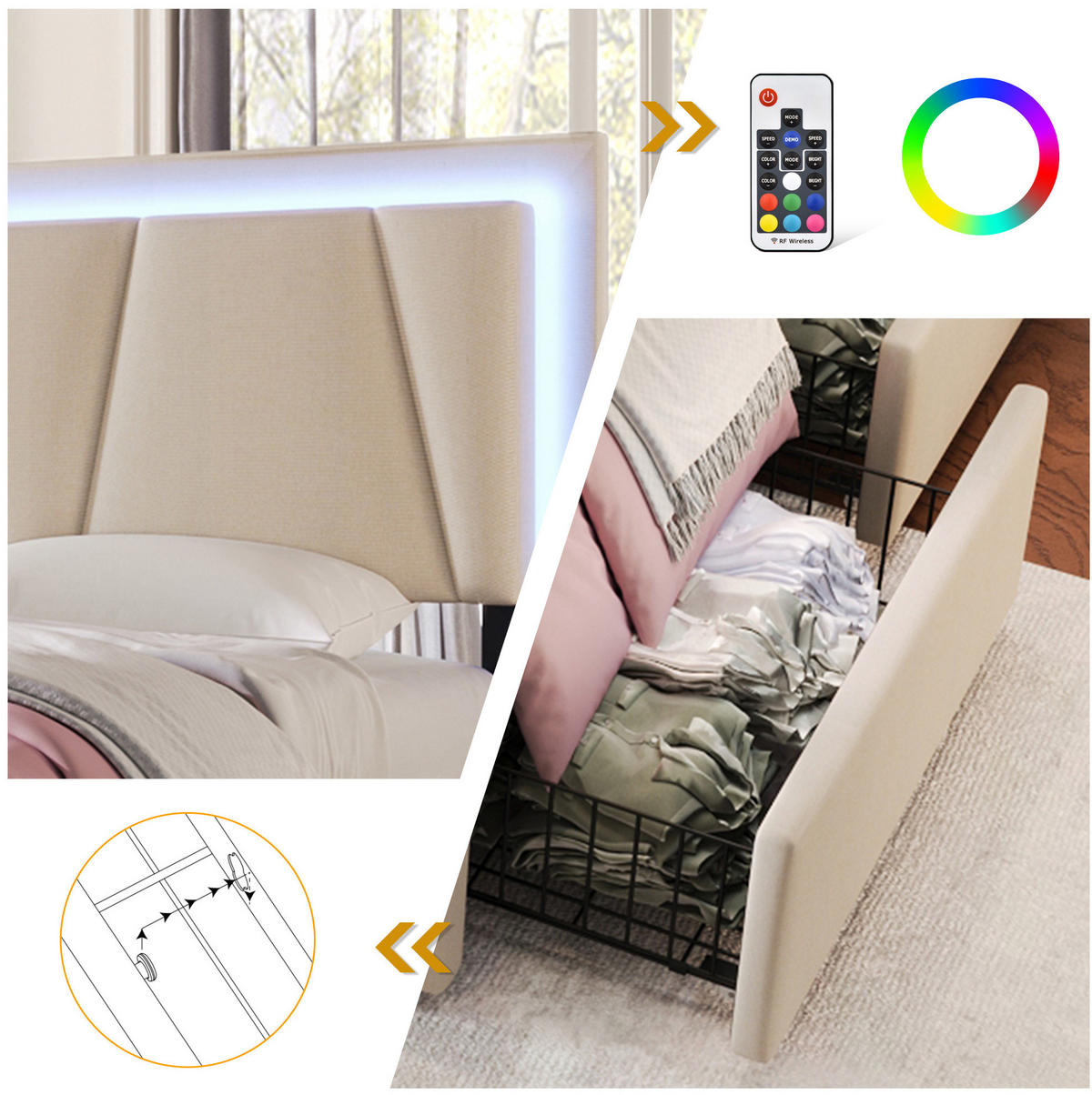 POLSTERBETT 90/200 cm Beige mit LED-Beleuchtung und 2 Schubladen - Beige, Holzwerkstoff (90/200cm) - Flora Grace