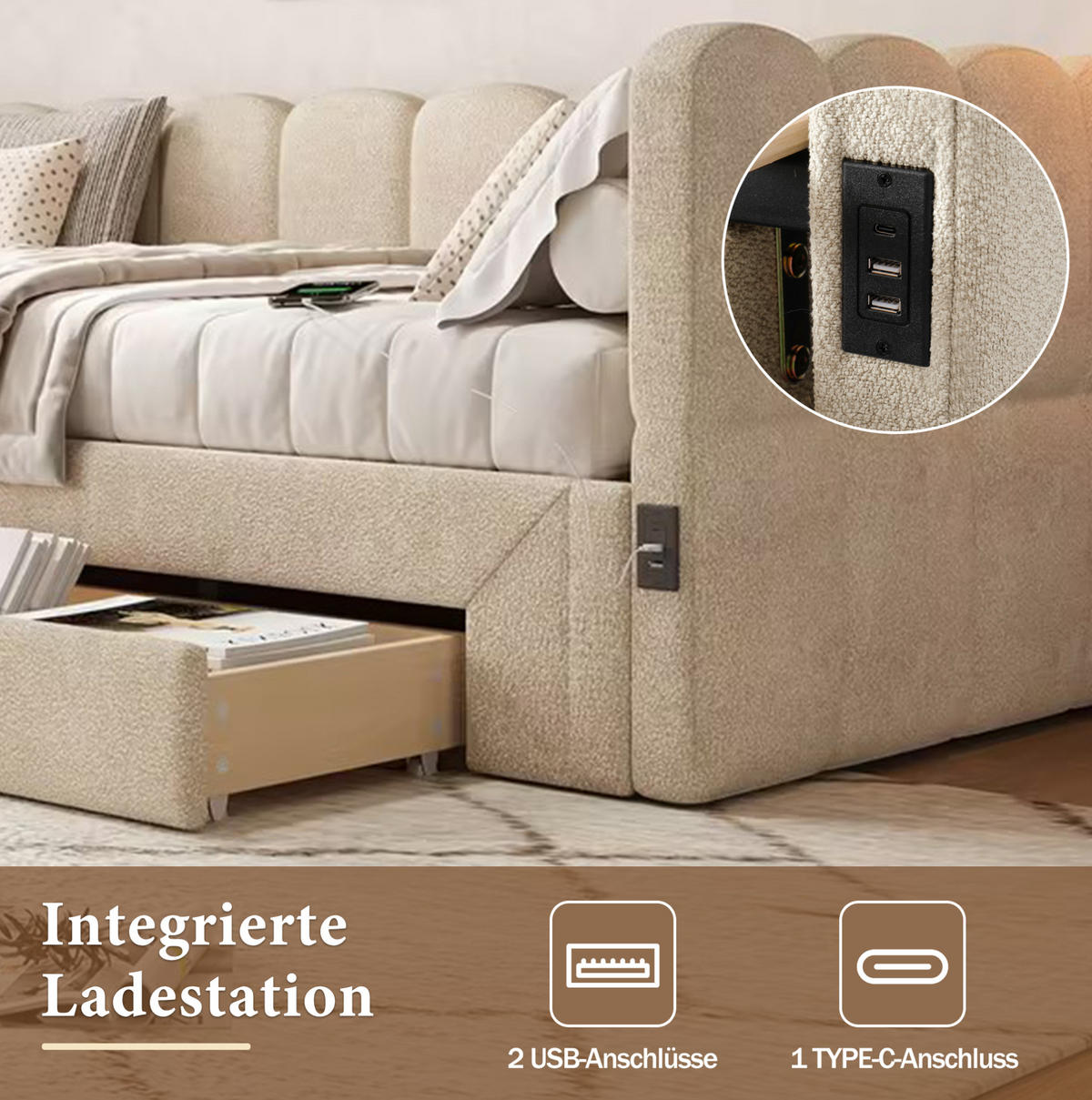 POLSTERBETT 90/200 cm beige aus Chenille mit Ausziehfunktion und USB-Anschluss - Beige, Textil (90/200cm) - OKWISH