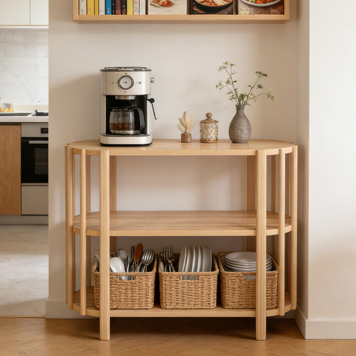 OVALER Couchtisch mit 3 Ablagen – Wohnzimmertisch in Holzoptik, MDF, 114 × 38 × 75 cm, Natur - Naturfarben, Holzwerkstoff (114/38/75cm) - Ej. Life