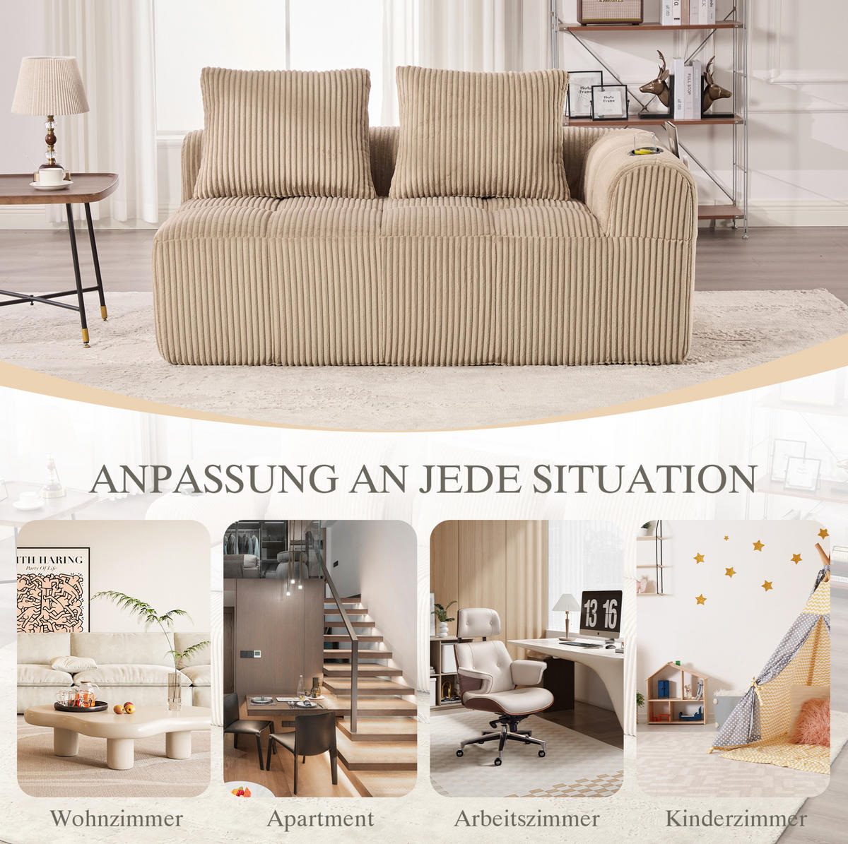 SOFA 2-Sitzer mit Seitenfächern 158 x 93 x 61 cm Cord Khaki - Braun, Kunststoff (158/61/93cm) - Meubliv