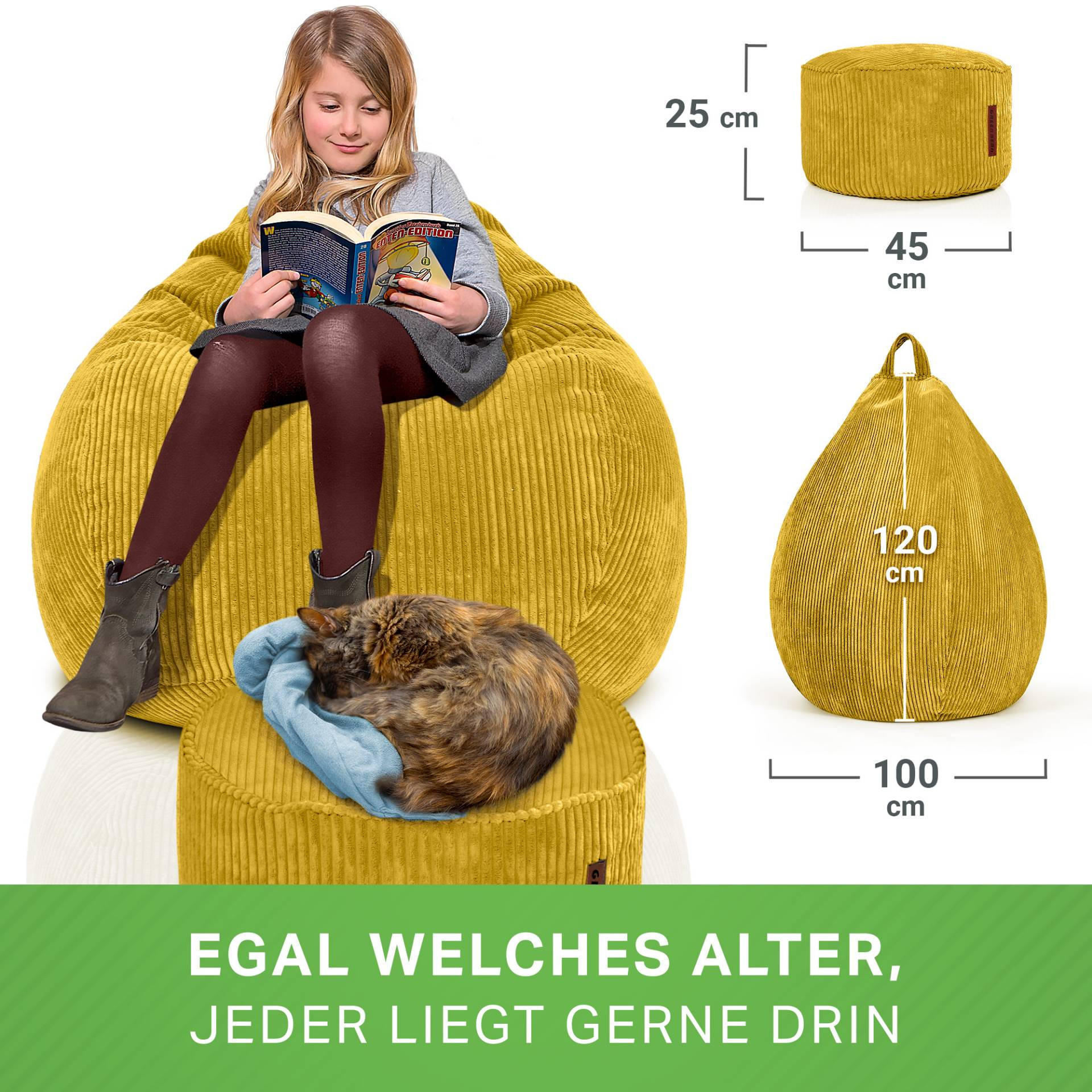 XXL-SITZSACK 2er Set + Pouf - Cordstoff - Gelb, Textil (90/110/90cm) - Green Bean