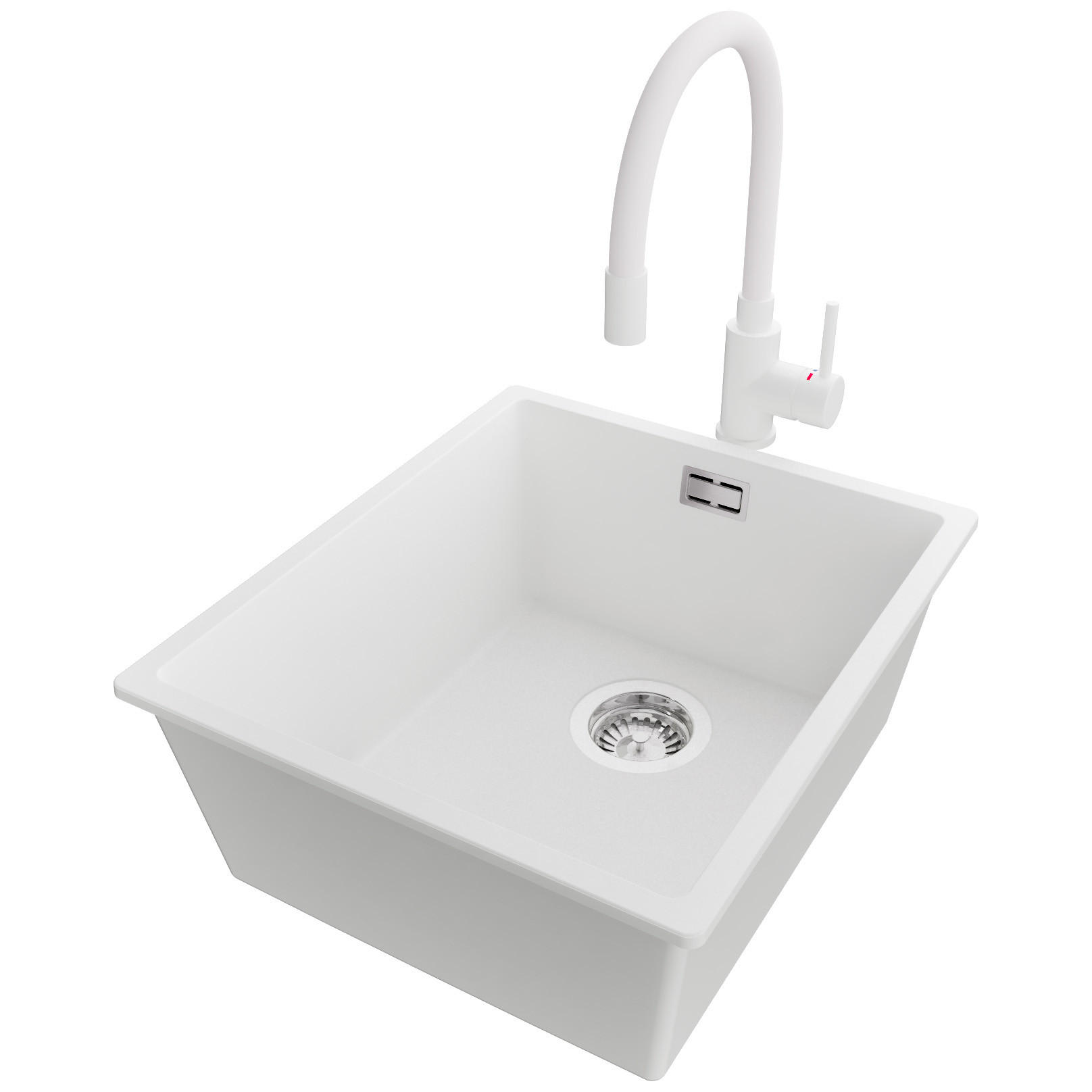 GRANITSPÜLE London Slim, 2-er set Weiß 41/47 cm 1 Becken + Küchenarmatur 38/14 cm + Ablauf-Set ab 45er Unterschrank - Chromfarben/Weiß, Kunststoff (41/20/47cm) - Primagran