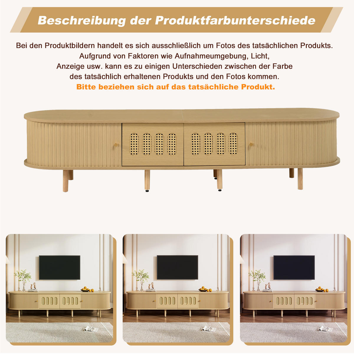 TV-SCHRANK 180/40/40 cm Helles Holz mit Rattan, 2 Türen und 2 Rolltüren - Naturfarben, Holzwerkstoff (180/40/40cm) - Oxeza