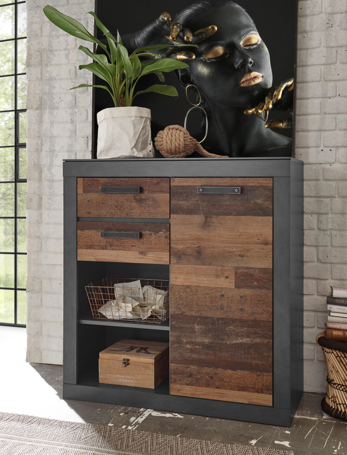 KOMMODE Old Used Wood Shabby Design mit grau, Anrichte, 92 x 104 cm - Braun/Grau, Holzwerkstoff/Kunststoff (92/104/40cm) - Furn.Design
