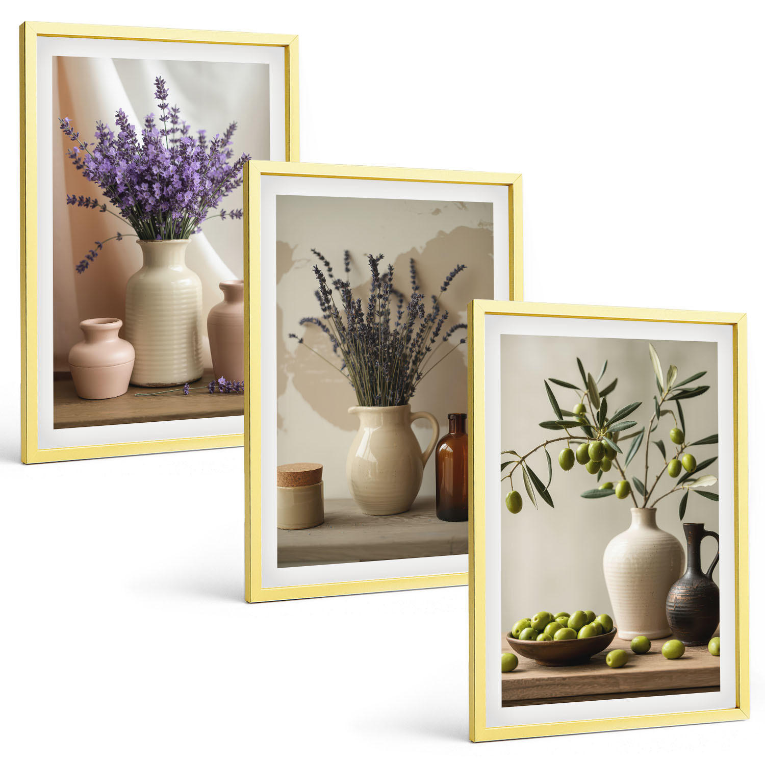 BILDER SET 3er Set - 40x60 cm Goldrahmen - Lavendelblüten, Oliven, Gefäße - Goldfarben, Kunststoff (40/60cm) - TULUP