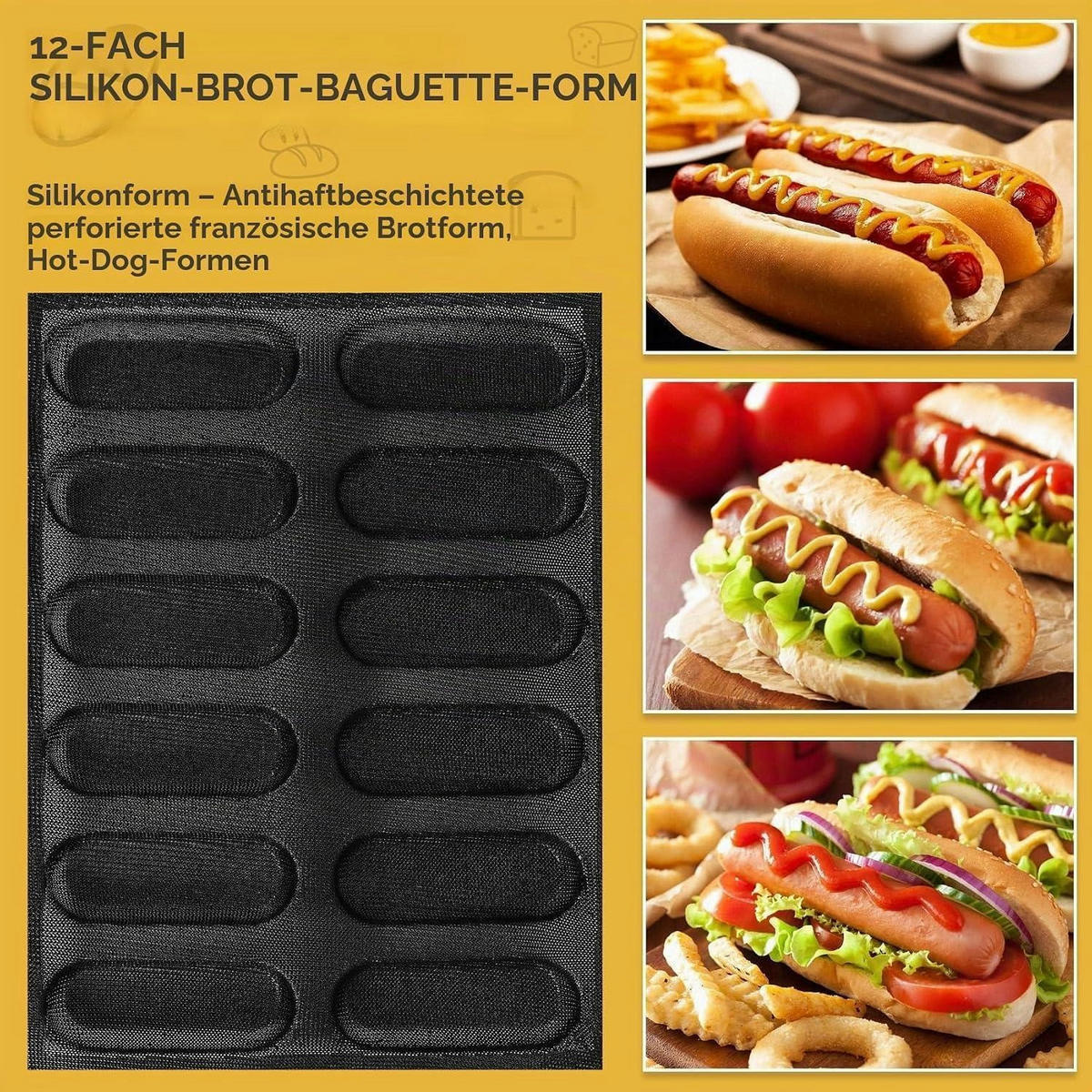 BACKFORM für 12 Brötchen mit Antihaftbeschichtung 40 x 30 cm - Schwarz, Kunststoff (30.2/2.5/40.2cm)