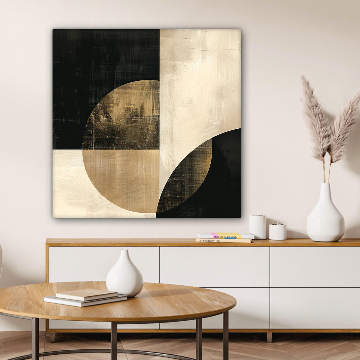 LEINWANDBILD Abstrakt - Geometrische Formen - Schwarz - Gold Deko Groß 90x90 cm - Ecru, Textil (90/90cm) - MuchoWow