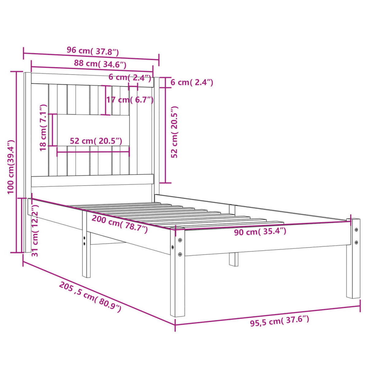 BETT Korn 100/205.5 cm - Braun, Holz (90/200cm) - Nettlife