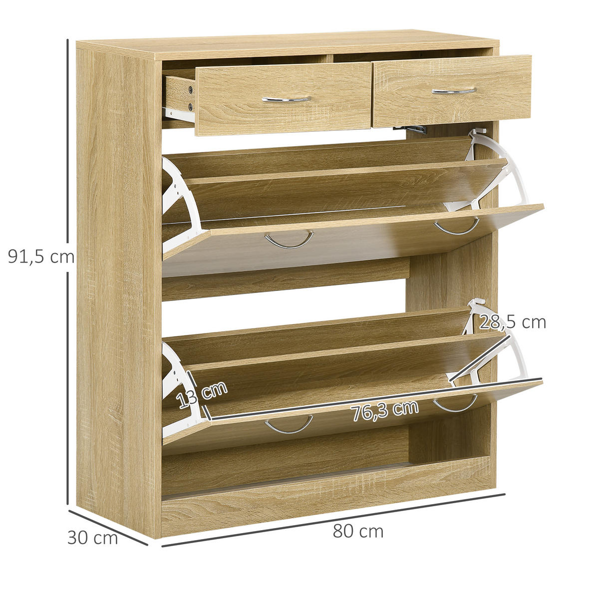SCHUHSCHRANK DE-14988 2 Klapptüren & 2 Schubladen mit verstellbaren Böden Naturholz - Eichefarben, Holzwerkstoff (80/91.5/30cm) - ComfortXL