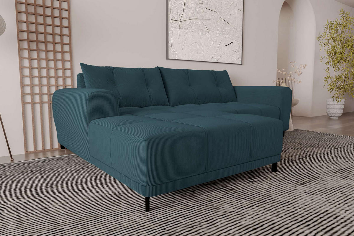 ECKSOFA Massimo Cordstoff Blau inkl. Schlaffunktion Links - Blau/Schwarz, Textil/Metall (246/177cm) - 99rooms