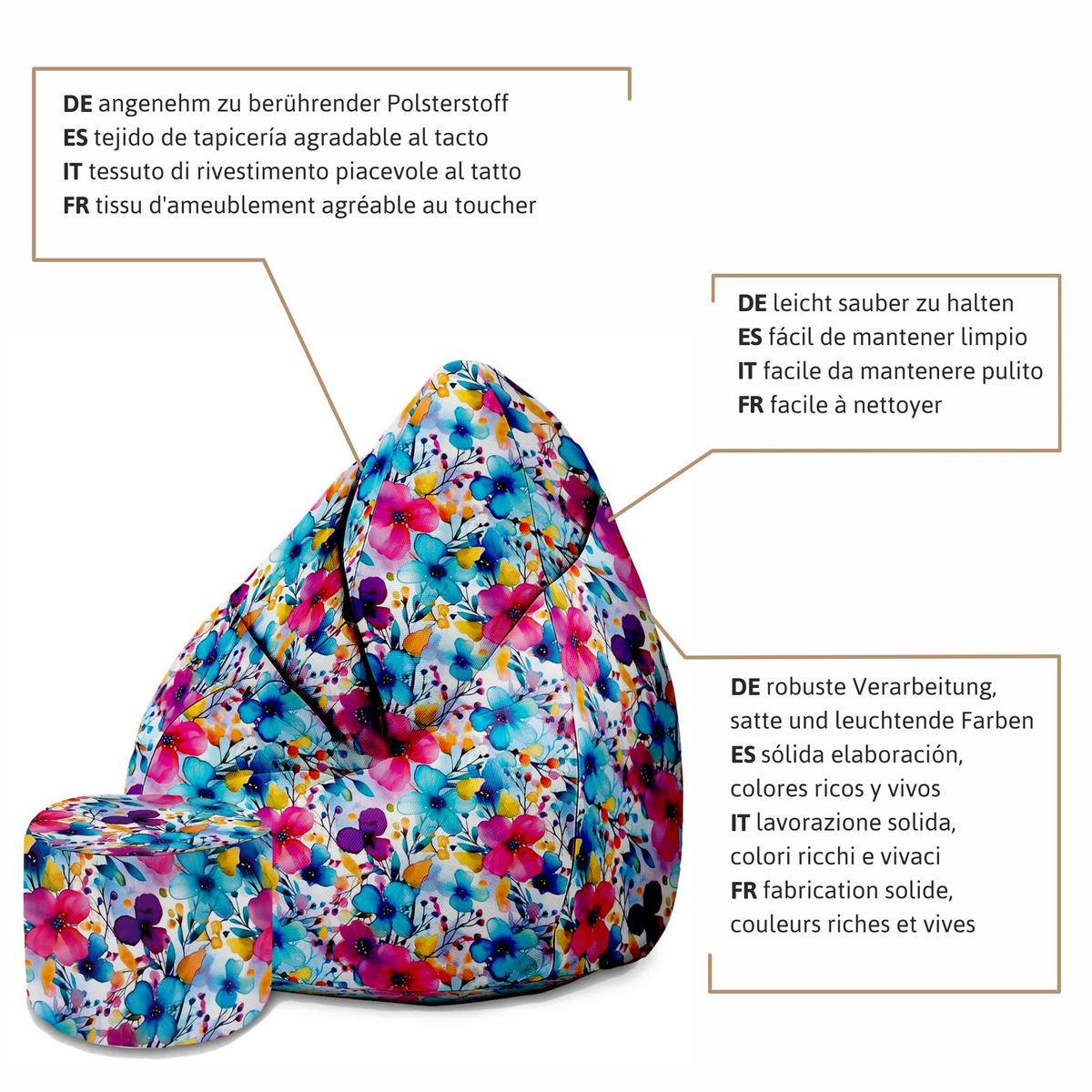 SITZSACK MIT FUßSTÜTZE Velvet 2-tlg Yellow and Blue Flowers S - Blau, Textil (70/105/70cm) - Dreamroots