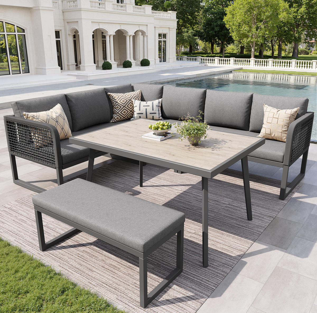 GARTENLOUNGE-SET aus PE-Rattan mit Tisch & waschbaren Kissen, 5-teilig, 121,5/61/77 cm, Grau - Grau, Kunststoff - Redom