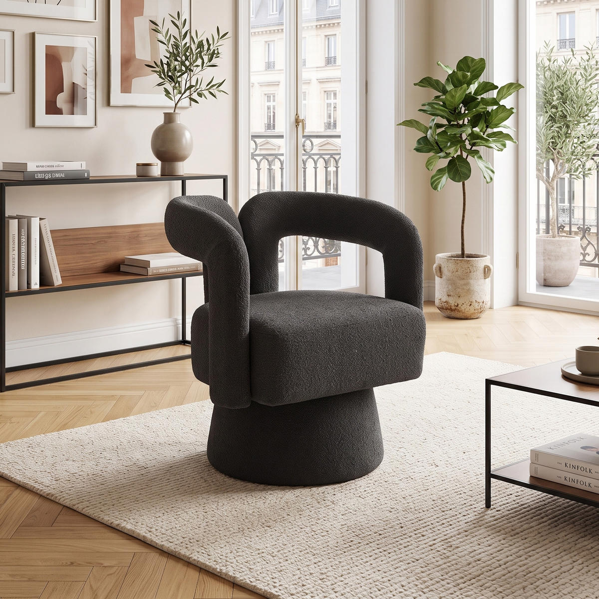 DREHSESSEL 360° Boucle Akzentstuhl Polstersessel für Wohnzimmer & Büro - Dunkelgrau, Textil (67/74/55cm) - Urban Meuble