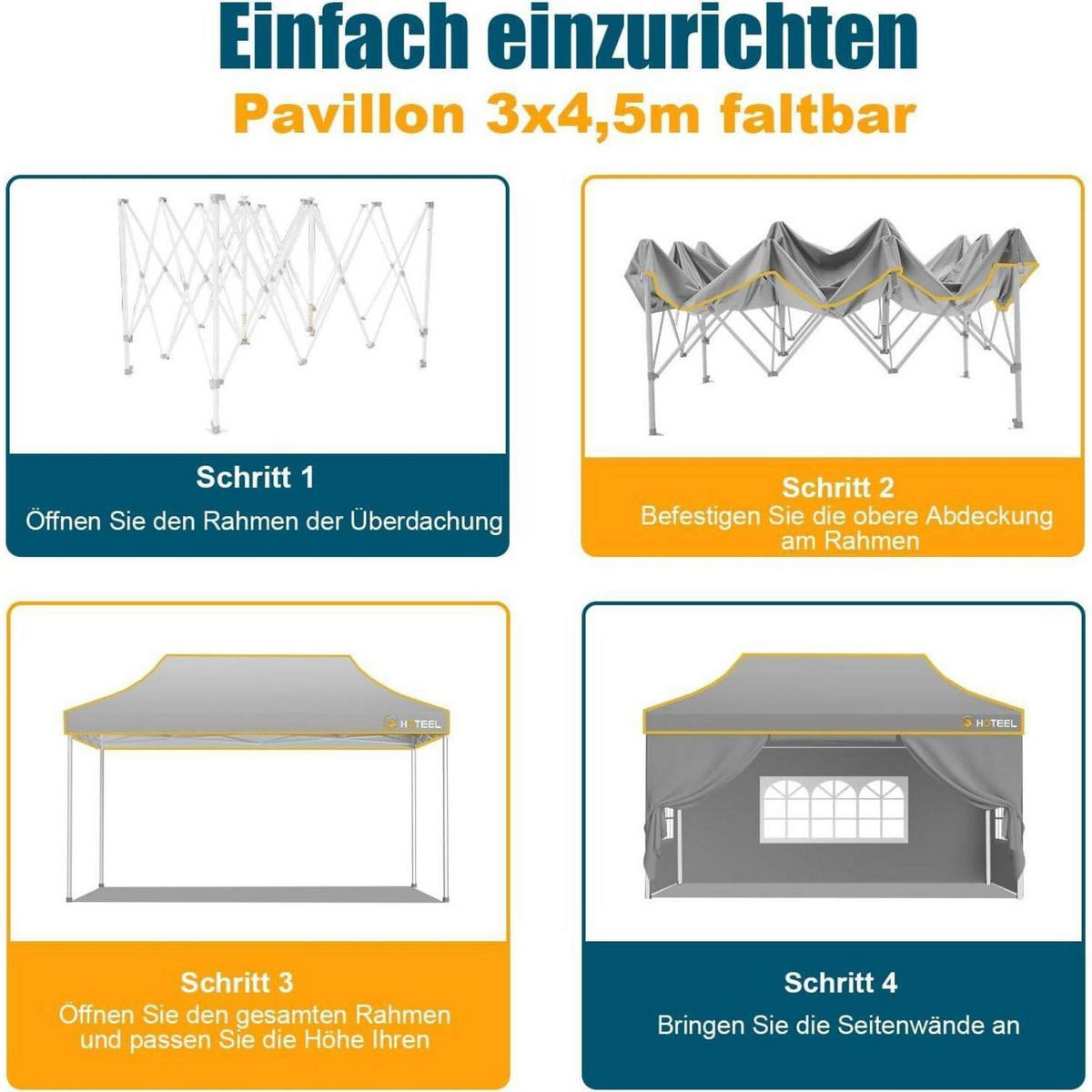 FALTPAVILLON 3 x 4,5 m Grau Wasserdicht Stabil - Grau, Textil (300/342/450cm)