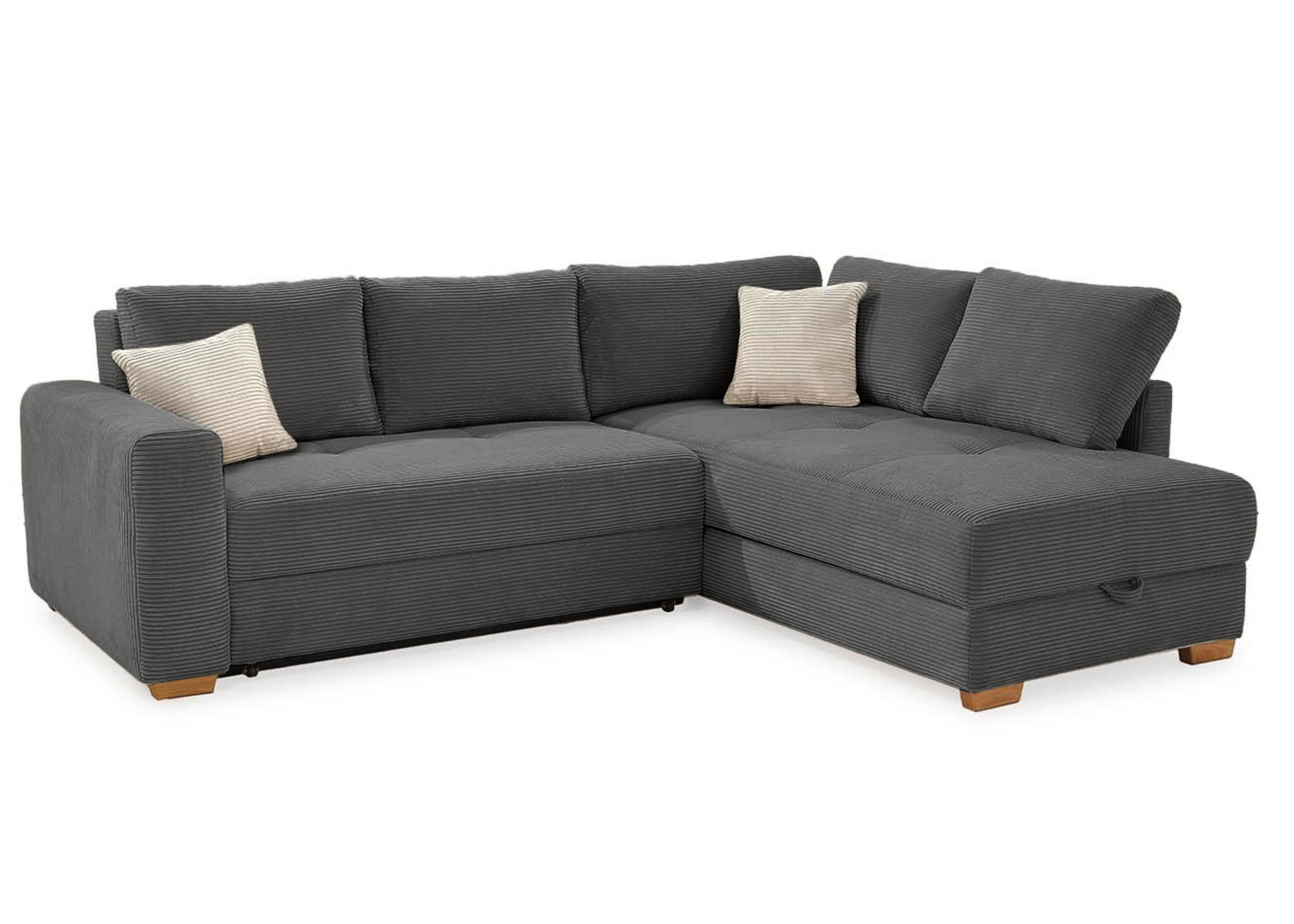 ECKSOFA-DAUERSCHLÄFER Boxspring Federkern Topper Bettkasten, seitenverkehrt montierbar B257/T206/H85 cm, Cord Grau Anthrazit / 15211 - Schieferfarben/Eichefarben, Holz/Textil (257/206cm) - luma-home