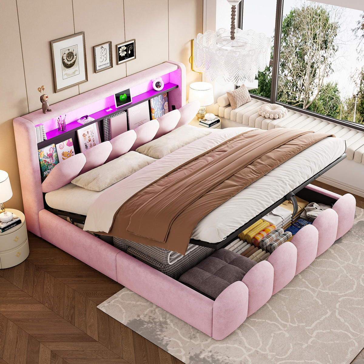 POLSTERBETT aus Samtstoff 180x200 cm Pink mit Bettkasten, Kopfteil-Stauraum, LED und USB-Anschlüssen - Pink, Textil (180/200cm) - Modfu