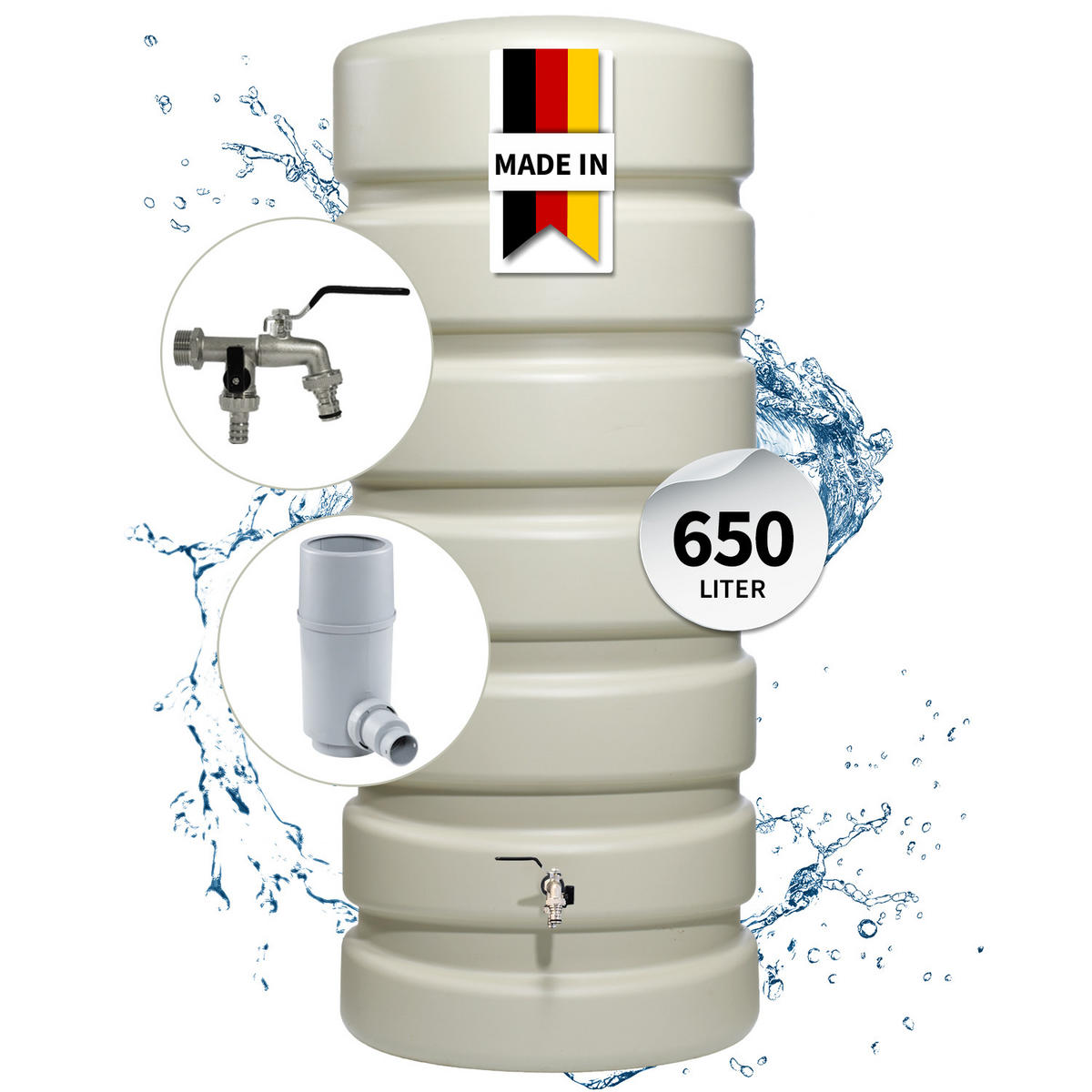 REGENTONNE Wandtank Komplett-Set 650 L, sandbeige inkl. Chrom-Doppelauslaufhahn und Fallrohranschluss - Beige, Kunststoff (80/192/60cm) - 4rain
