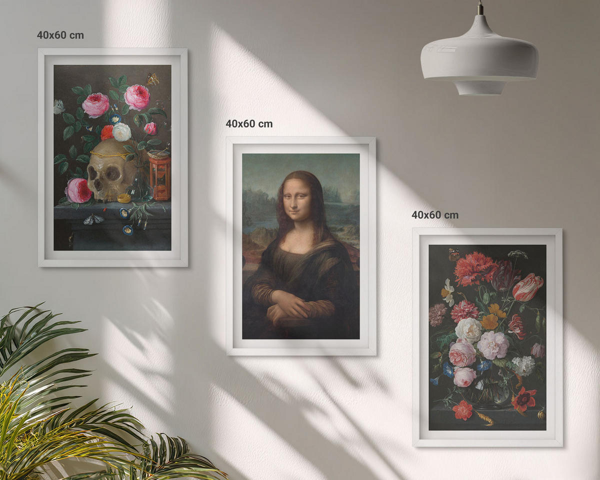 BILDER SET 3er Set - 40x60 cm Weißer Rahmen - Blumenschädel-Porträt Mona Lisa - Weiß, Kunststoff (40/60cm) - TULUP