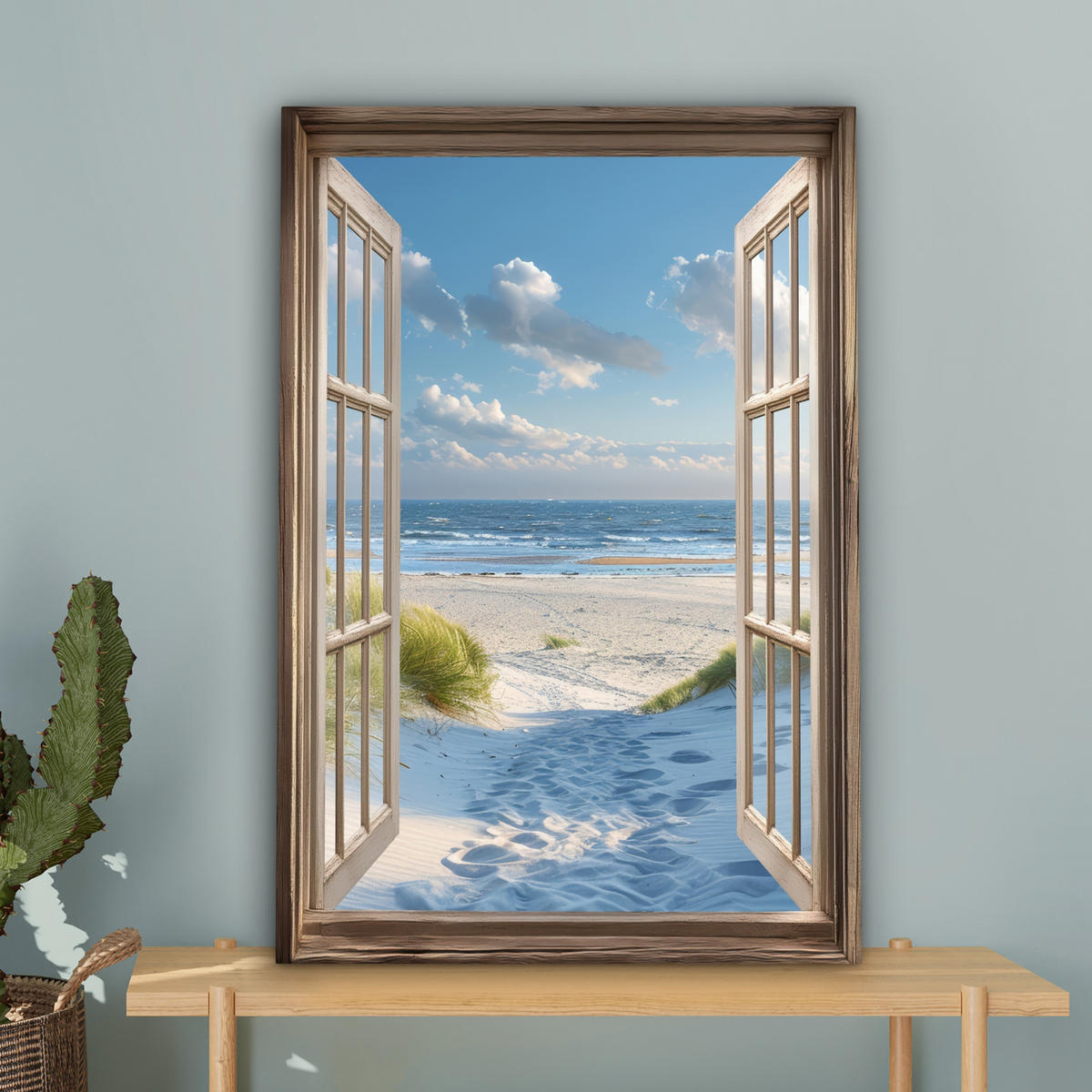 LEINWANDBILD Aussicht - Strand - Fenster - Dünen - Meer 60x90 cm - Hellblau, Textil (60/90cm) - MuchoWow