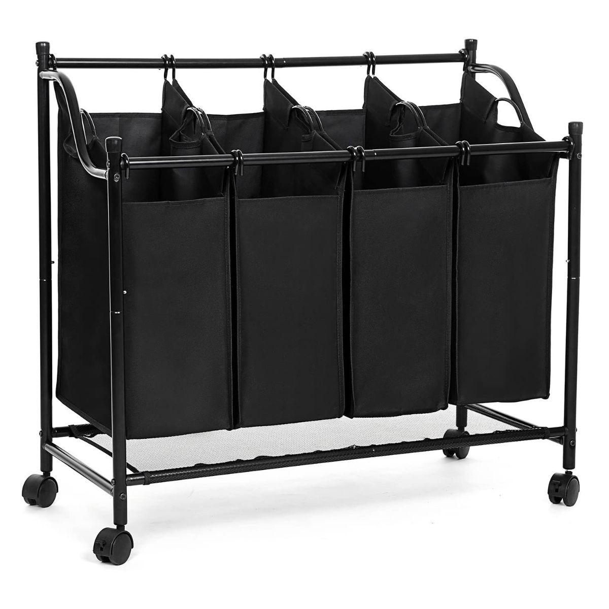 WÄSCHEKORB mit 4 abnehmbaren schwarzen Taschen auf Rädern - L87,5 cm - Grau, Metall (81/38.5/87.5cm) - Calicosy