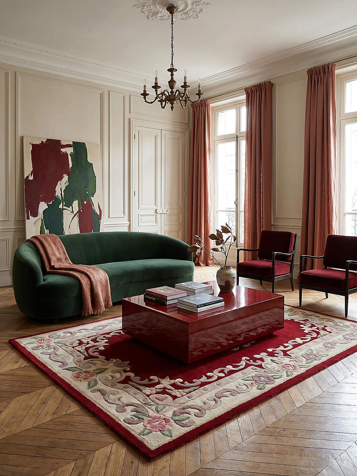 WOLLTEPPICH Aubusson-Muster handgeknüpft BEAULY, Rot-Beige 75x150 cm - Rot, Textil (150/75cm) - KADIMA DESIGN