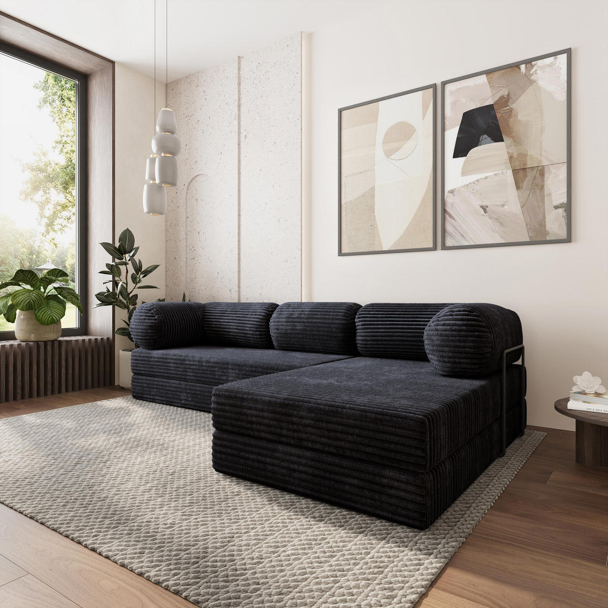 ROHOVÁ SEDAČKA ETERA modulární Boneless pohovka s funkcí spaní, černá TILIA 100 - černá, textil (270/160cm) - MASSENO